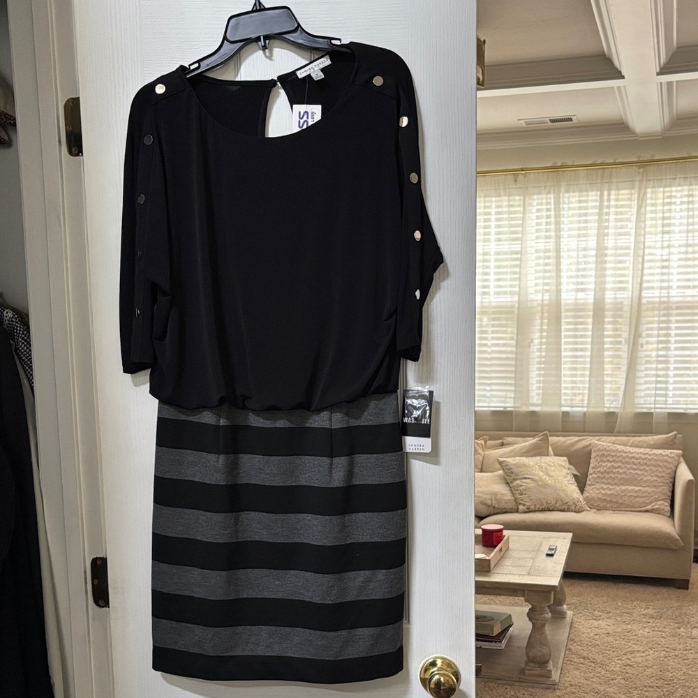 Elegant Black and Gray Striped Dress 10 New